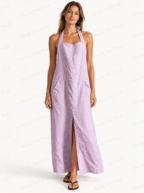LJC Designs Lavender 100% Linen Boho Halter Midi/Maxi Dress Pockets Size Small